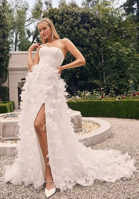 Luxurious Mermaid Strapless Feather Slit Back Train Wedding Dresses