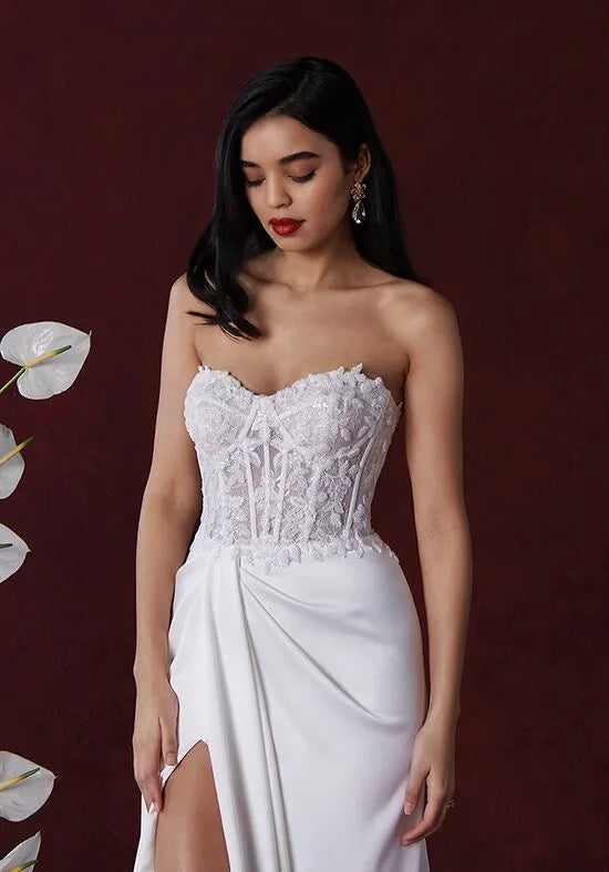 Luxurious Mermaid Strapless Lace Satin Slit Back Train Wedding Dresses