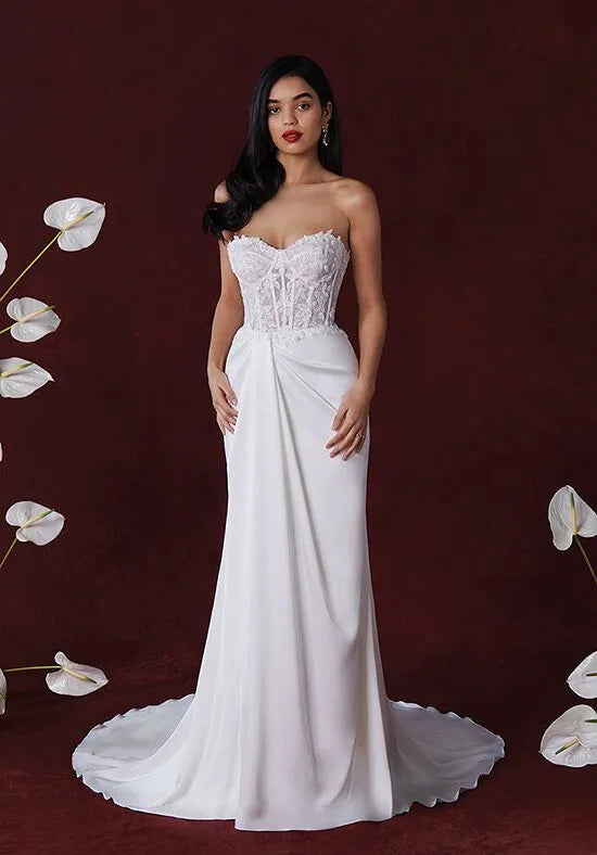 Luxurious Mermaid Strapless Lace Satin Slit Back Train Wedding Dresses
