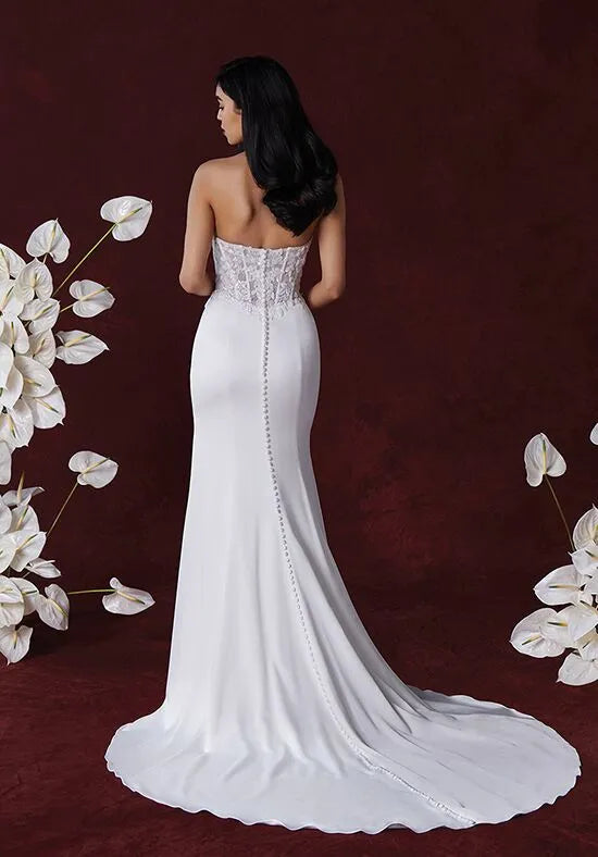 Luxurious Mermaid Strapless Lace Satin Slit Back Train Wedding Dresses