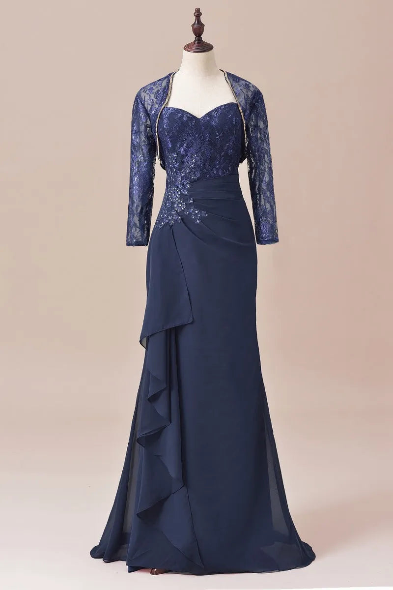 Luxurious Mermaid Sweetheart Neck Lace Jacket Beaded Waist Floor-Length Mother Of The Bride Dresses