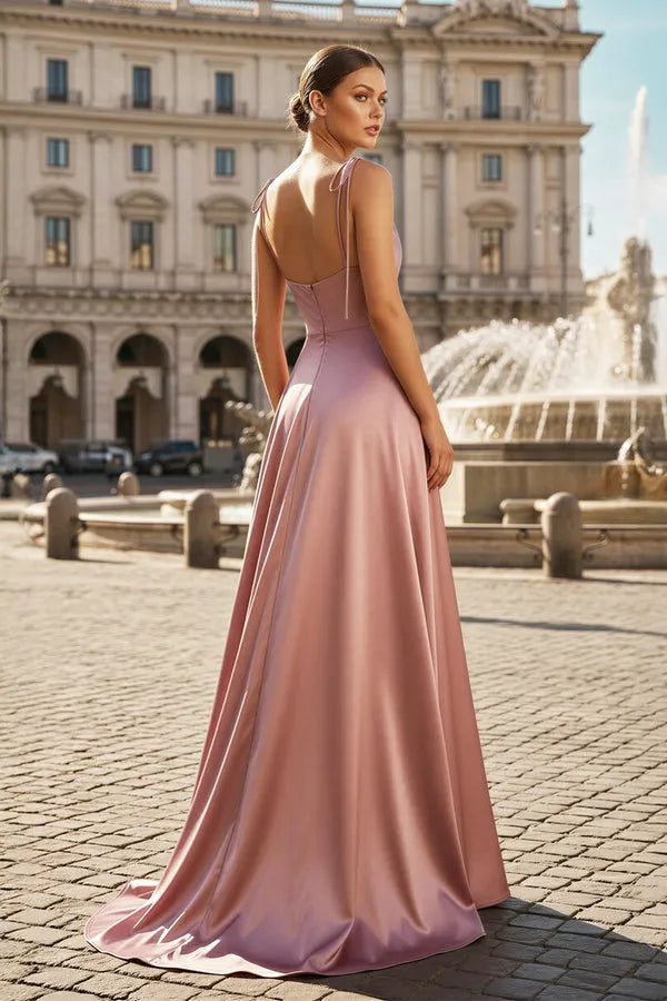 Luxury A-Line Cowl Neck Spaghetti Strap Open Back Floor Length Prom Dress