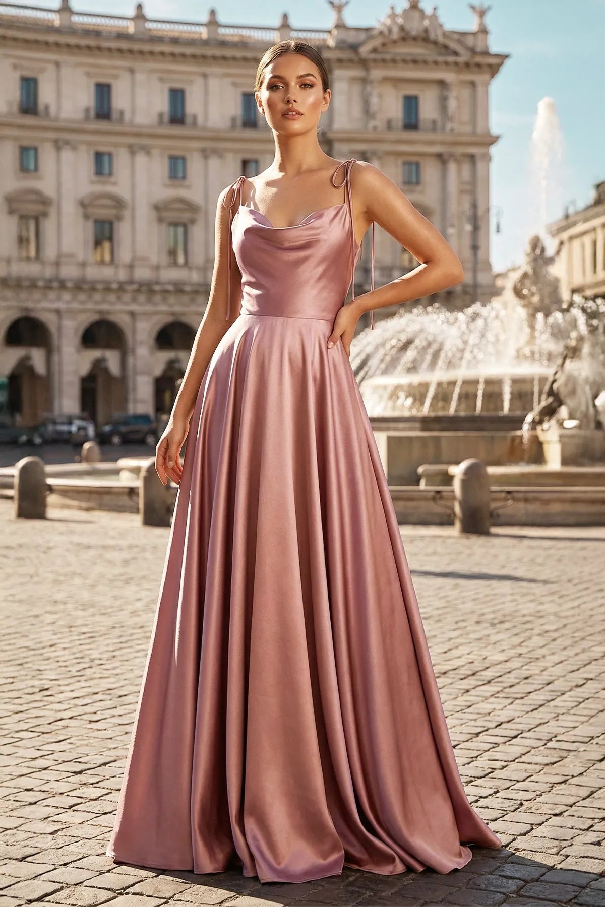 Luxury A-Line Cowl Neck Spaghetti Strap Open Back Floor Length Prom Dress
