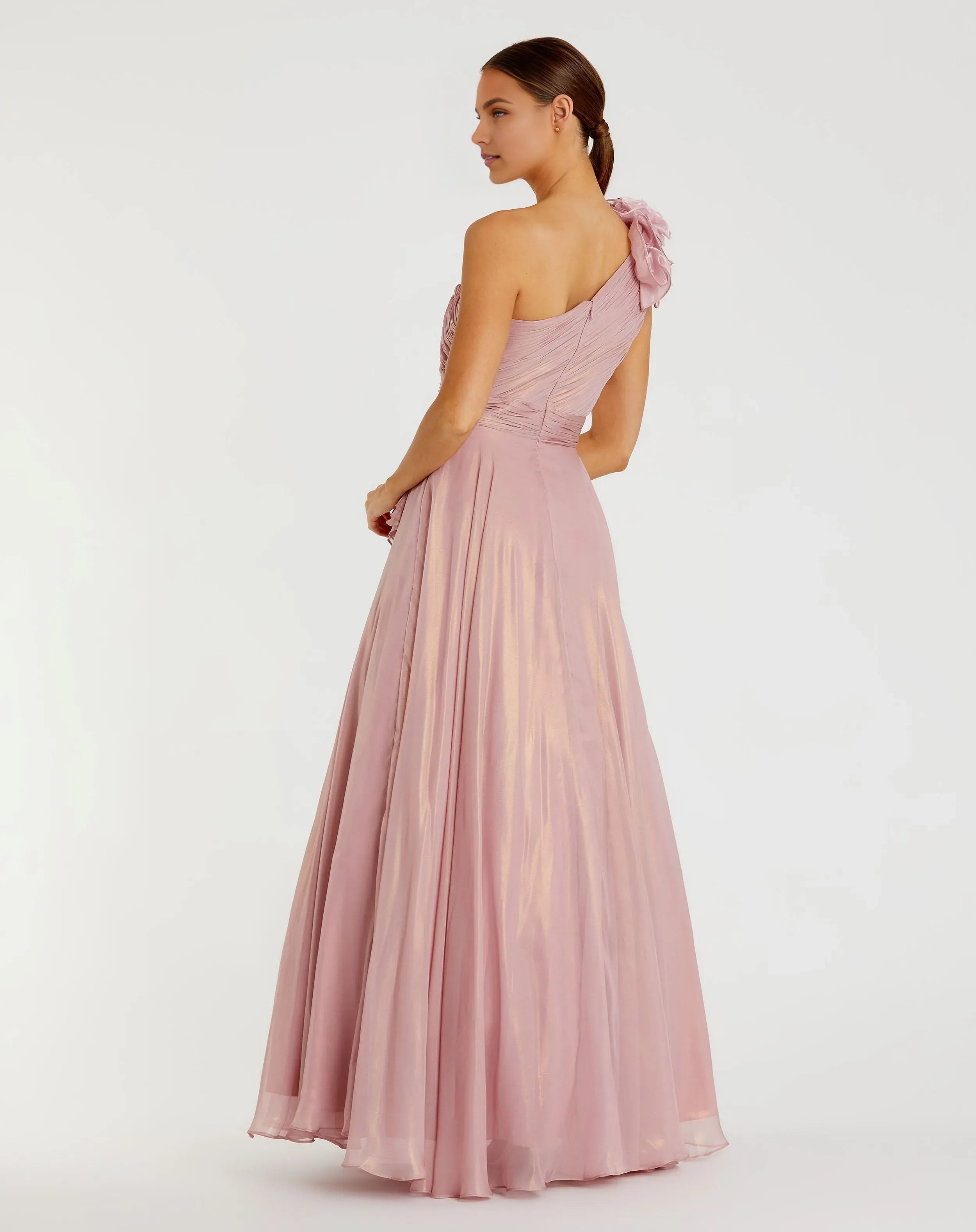 Luxury A-Line One-Shoulder Sleeveless Back Zip Floor-Length Pink Chiffon Prom Dresses with Ruffle Flower Detail ﻿