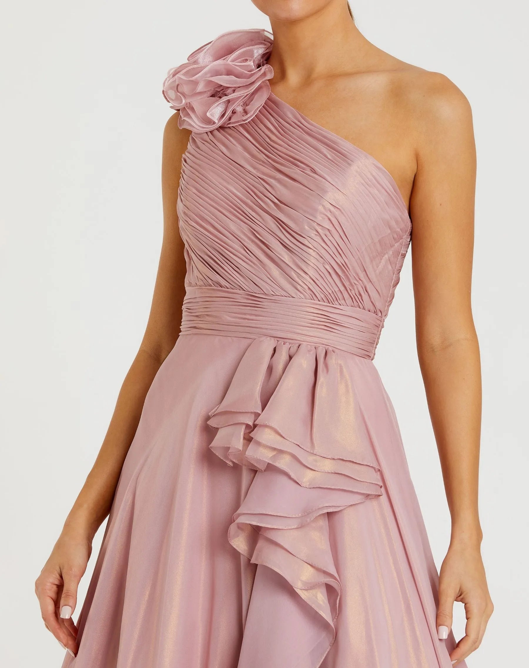 Luxury A-Line One-Shoulder Sleeveless Back Zip Floor-Length Pink Chiffon Prom Dresses with Ruffle Flower Detail ﻿