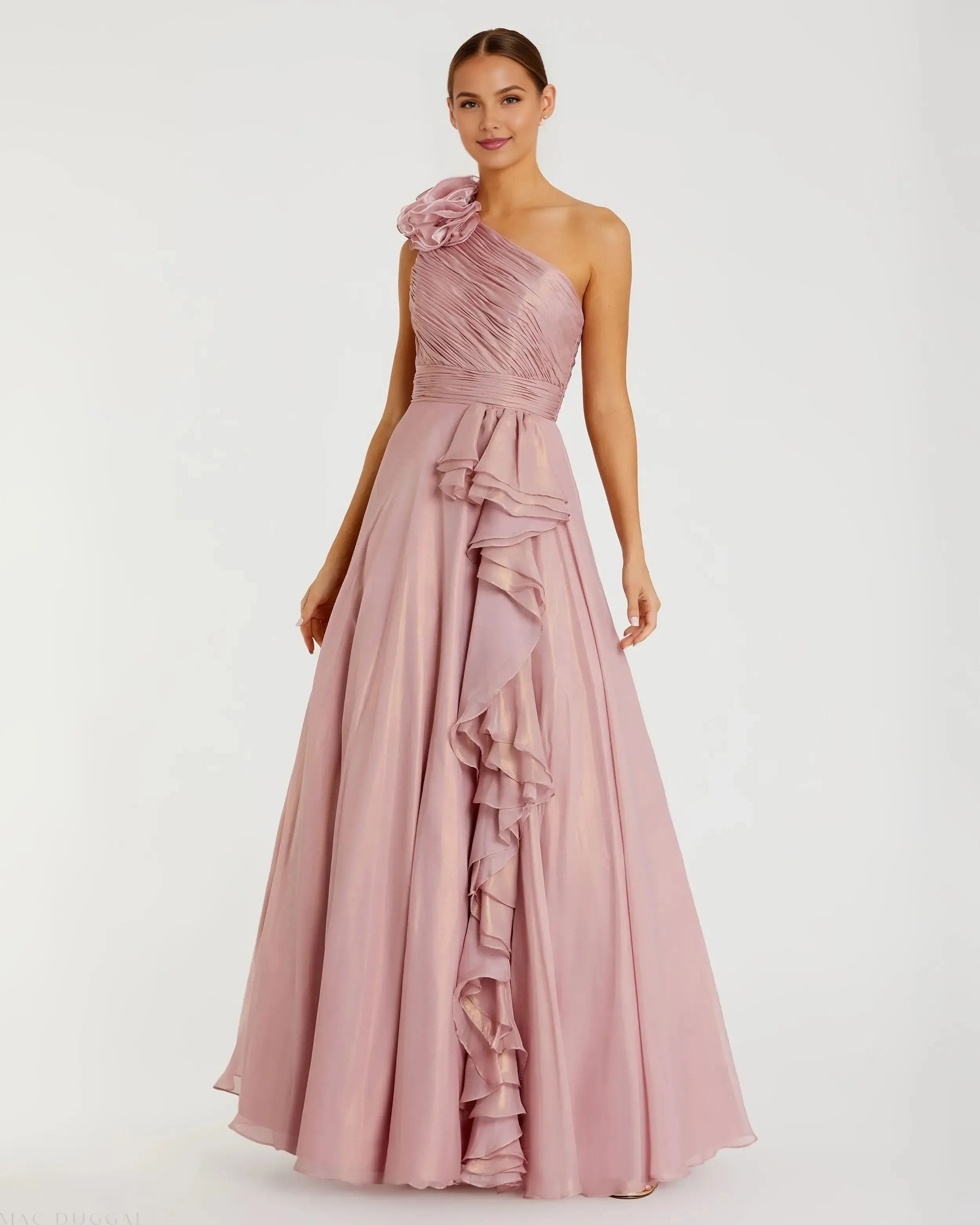 Luxury A-Line One-Shoulder Sleeveless Back Zip Floor-Length Pink Chiffon Prom Dresses with Ruffle Flower Detail ﻿