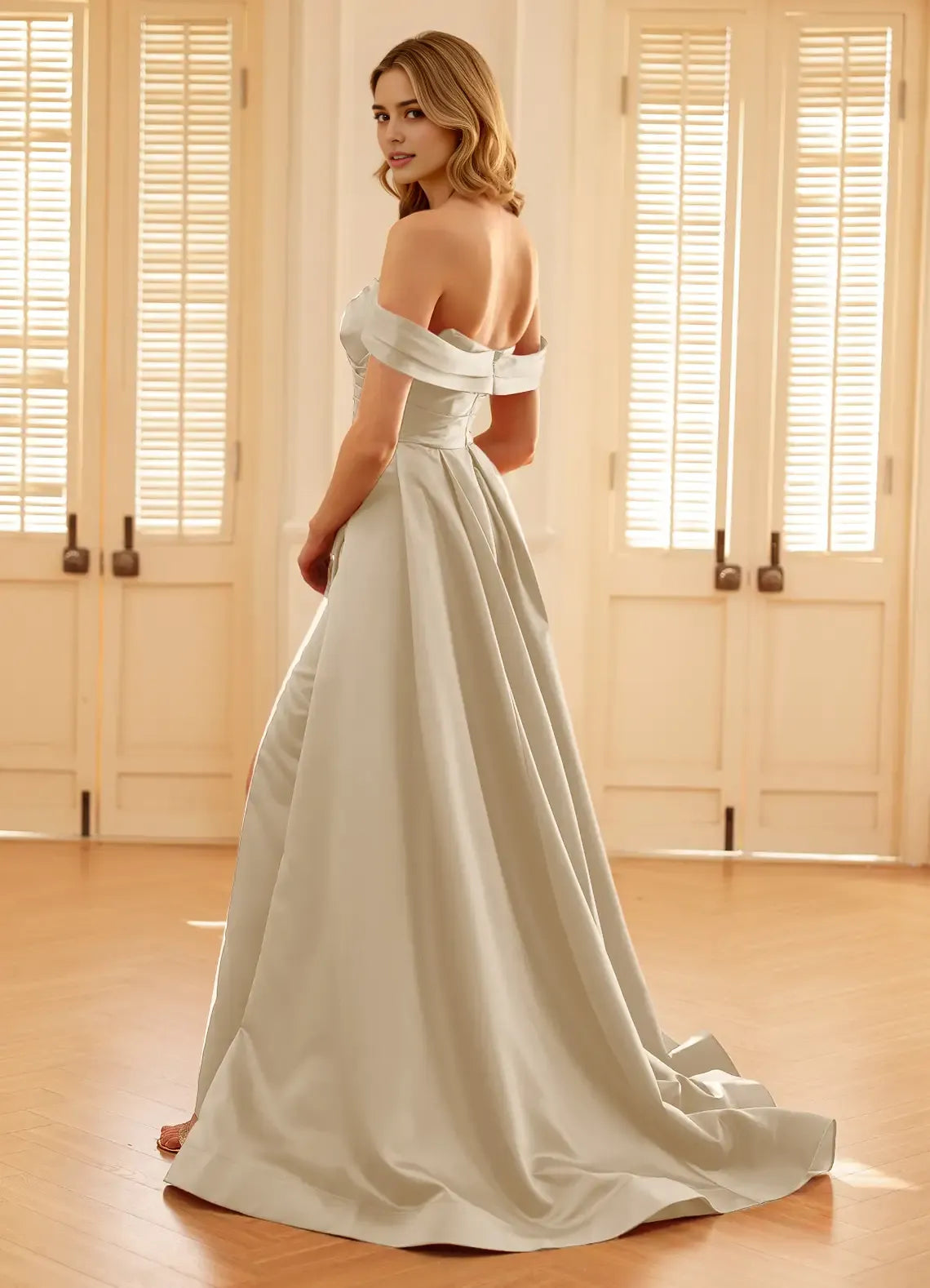 Luxury A-line Off-the-Shoulder Sleeveless Back Zip Floor-Length Champagne Satin Prom Dress with High Slit