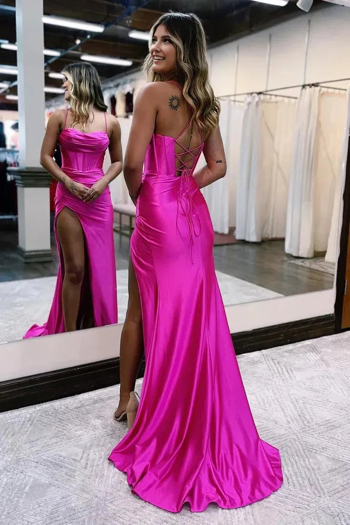 Luxury Hot Pink Mermaid Boat Neck Spaghetti Straps Lace-Up Back Satin Floor-Length Prom Dress with Slit ﻿
