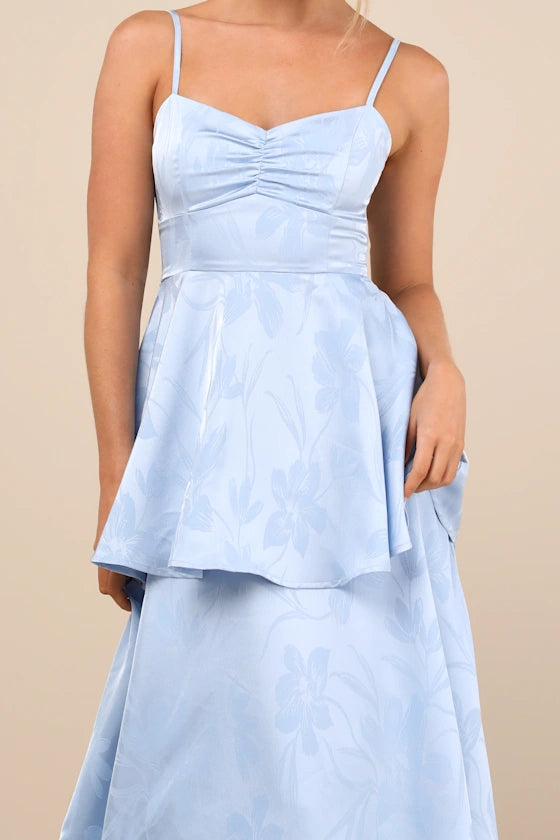 Luxury Light Blue A-Line Sweetheart Neck Sleeveless Back Zip Floor-Length Tiered-Jacquard Prom Dresses