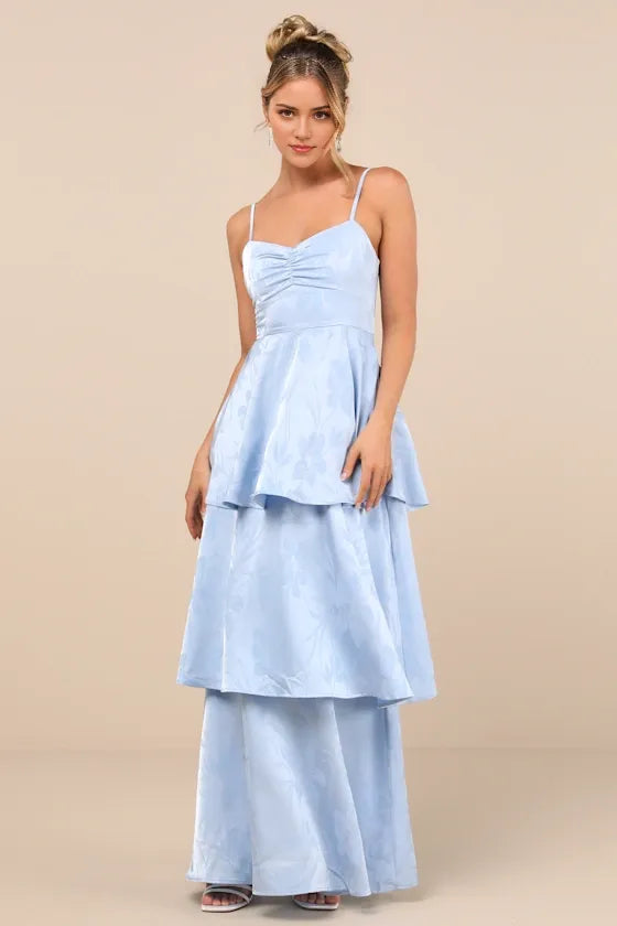 Luxury Light Blue A-Line Sweetheart Neck Sleeveless Back Zip Floor-Length Tiered-Jacquard Prom Dresses