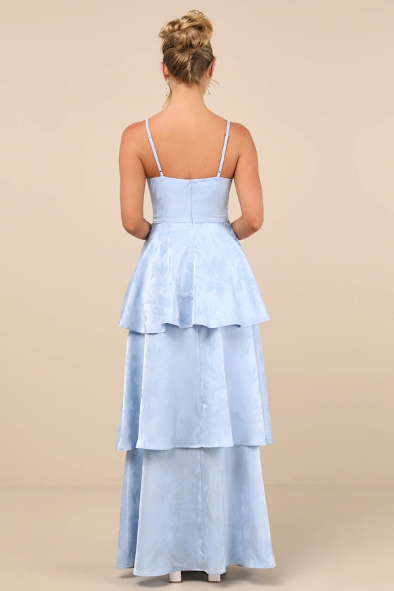 Luxury Light Blue A-Line Sweetheart Neck Sleeveless Back Zip Floor-Length Tiered-Jacquard Prom Dresses