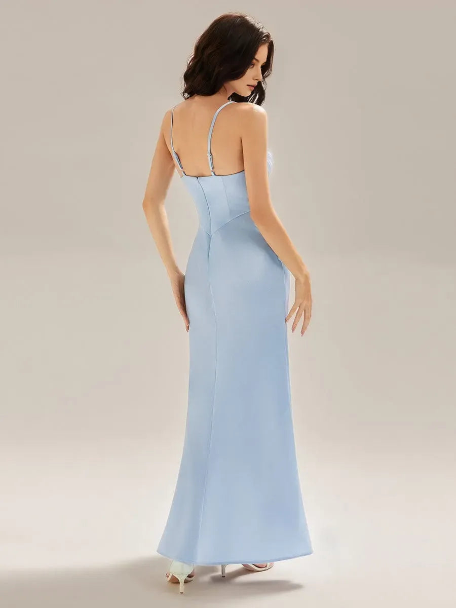 Luxury Light Blue Mermaid Plunge Neck Spaghetti Straps Back Zip Ruched High Slit Satin Prom Dresses