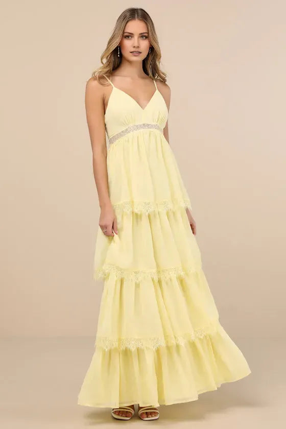 Luxury Light Yellow A-Line Deep V-Neck Spaghetti Straps Open Back Ankle-Length Lace Tiered  Prom Dress