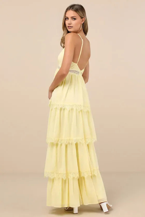 Luxury Light Yellow A-Line Deep V-Neck Spaghetti Straps Open Back Ankle-Length Lace Tiered  Prom Dress