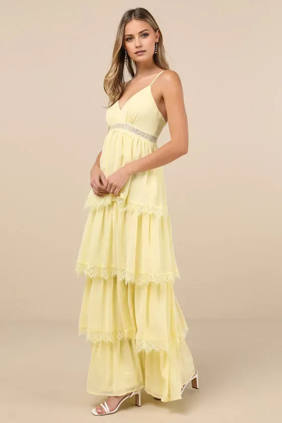 Luxury Light Yellow A-Line Deep V-Neck Spaghetti Straps Open Back Ankle-Length Lace Tiered  Prom Dress