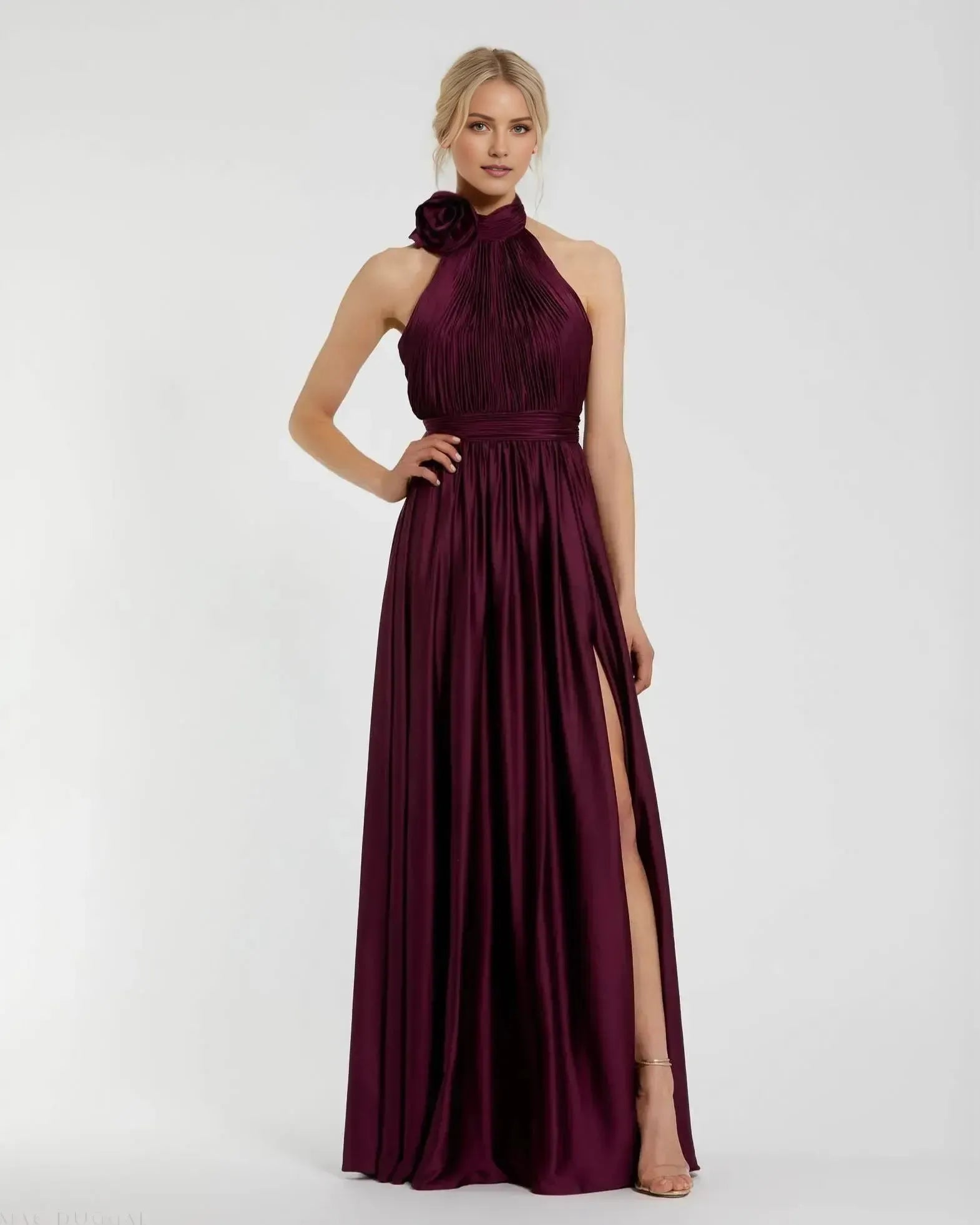Luxury Purple A-Line Tie Halter Neck Sleeveless Ruched Bodice Open Back Back Zip Floor-Length High Slit Prom Dress