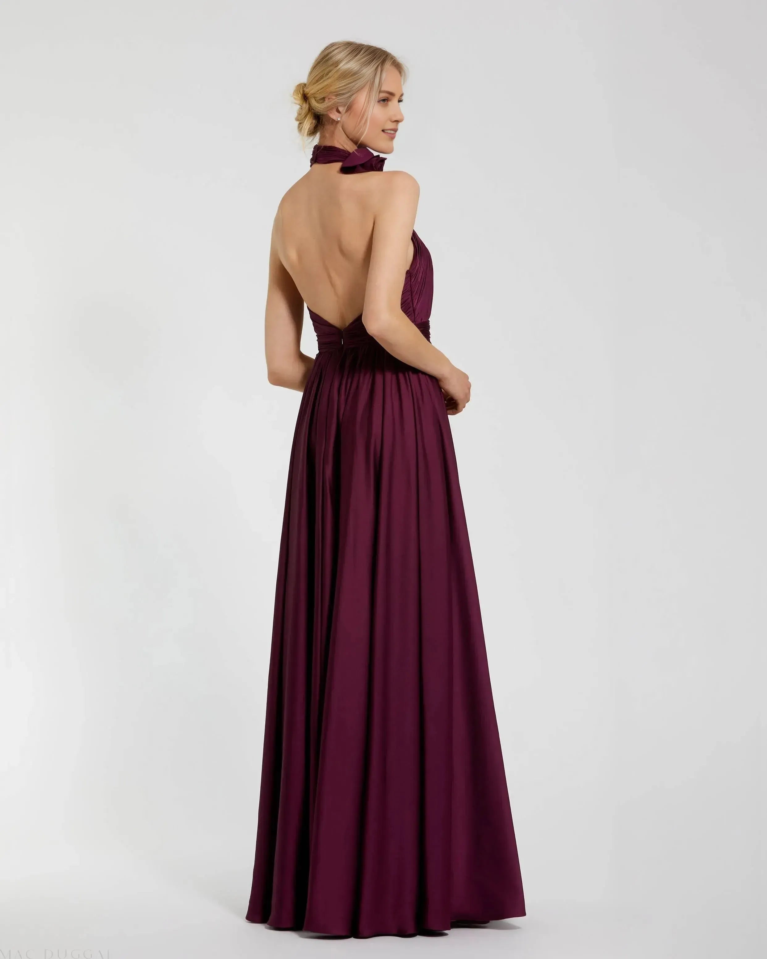 Luxury Purple A-Line Tie Halter Neck Sleeveless Ruched Bodice Open Back Back Zip Floor-Length High Slit Prom Dress