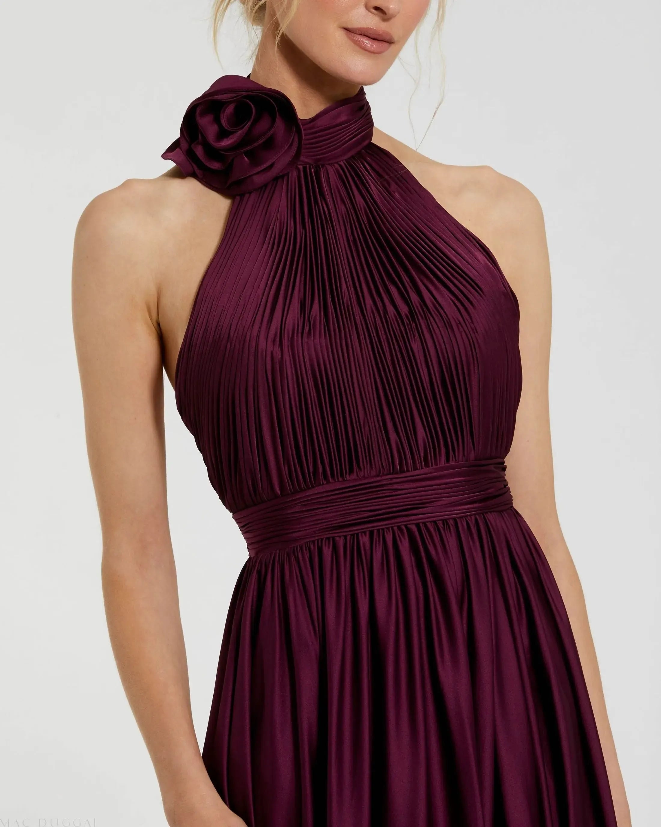 Luxury Purple A-Line Tie Halter Neck Sleeveless Ruched Bodice Open Back Back Zip Floor-Length High Slit Prom Dress