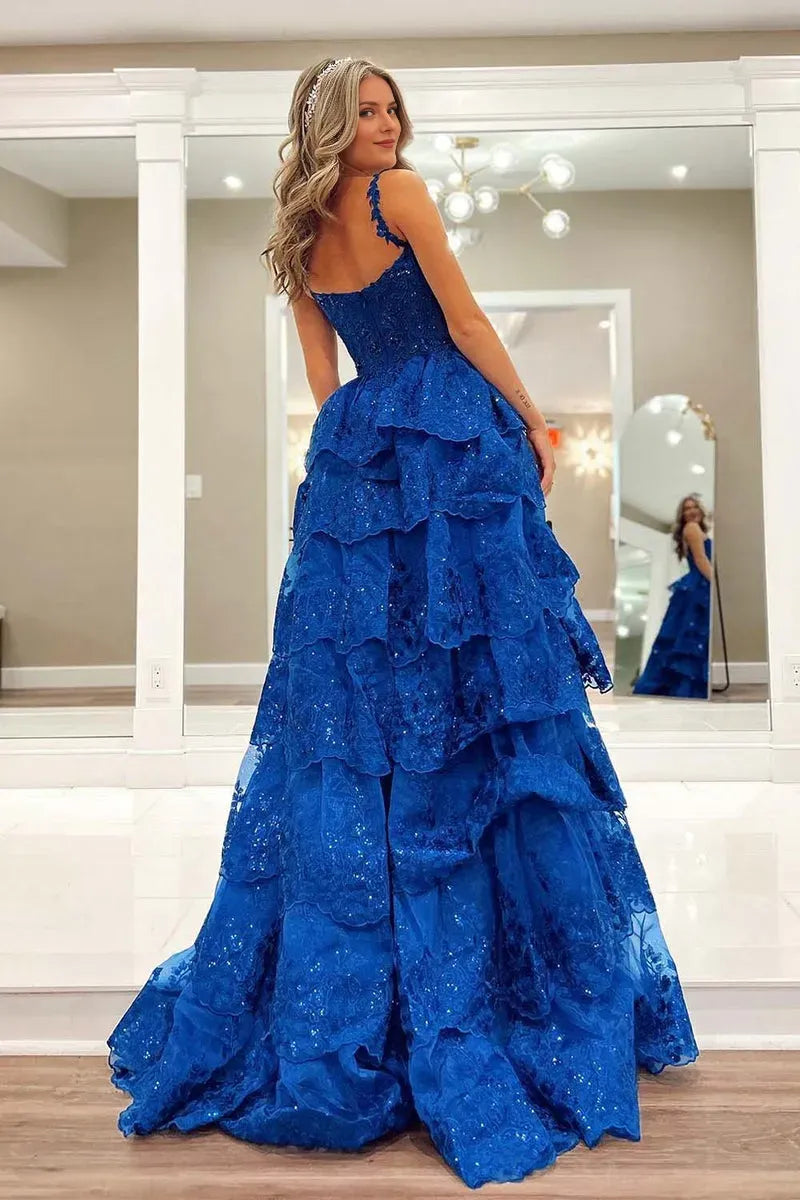 Luxury Royal Blue A-Line Plunging V-Neck Sleeveless Sequin Lace Ruffled Tulle Back Zip High-Slit Floor-Length Prom Dress