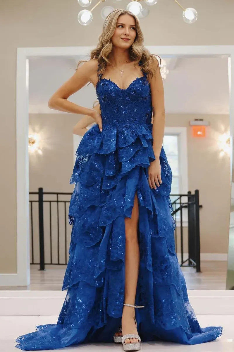 Luxury Royal Blue A-Line Plunging V-Neck Sleeveless Sequin Lace Ruffled Tulle Back Zip High-Slit Floor-Length Prom Dress