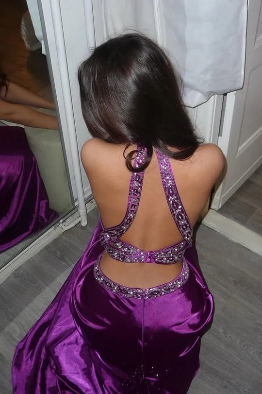 Magenta Halter Satin Prom Dress with Beaded Cutout and Open Back