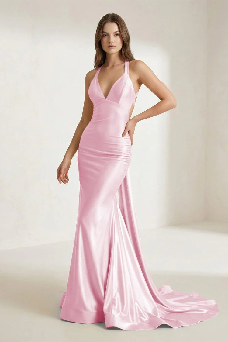 Pink Satin Crisscross Backless Mermaid Evening Gown with Train Prom Dress