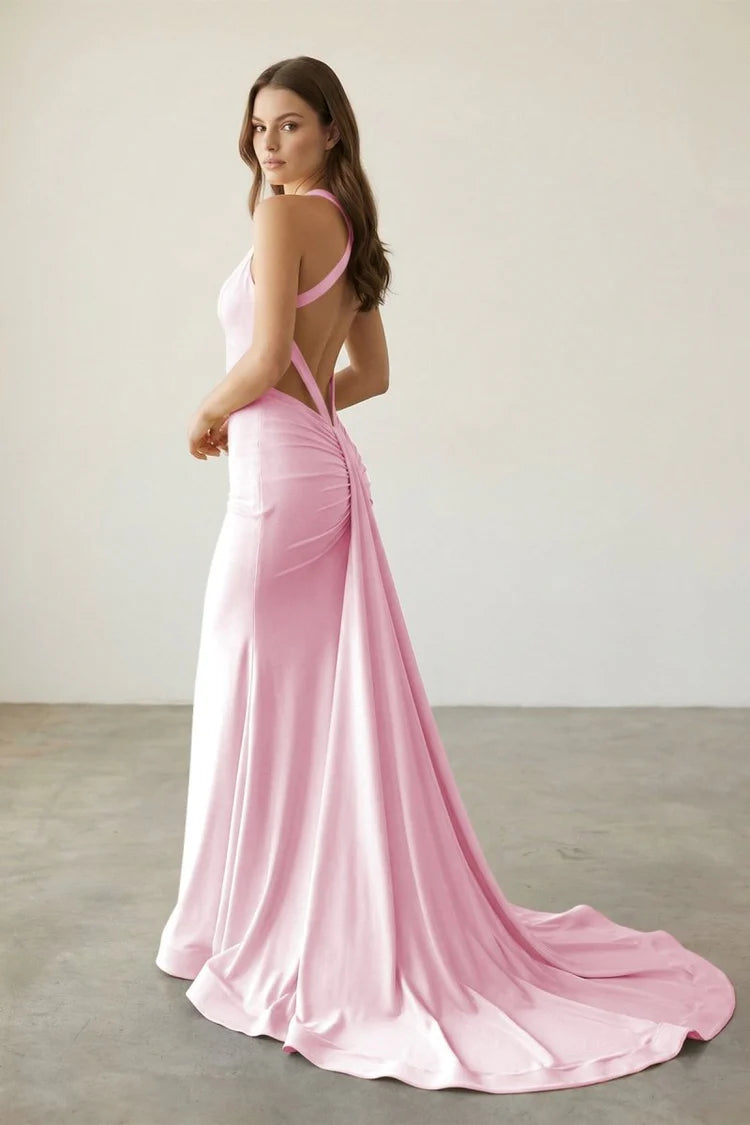 Pink Satin Crisscross Backless Mermaid Evening Gown with Train Prom Dress