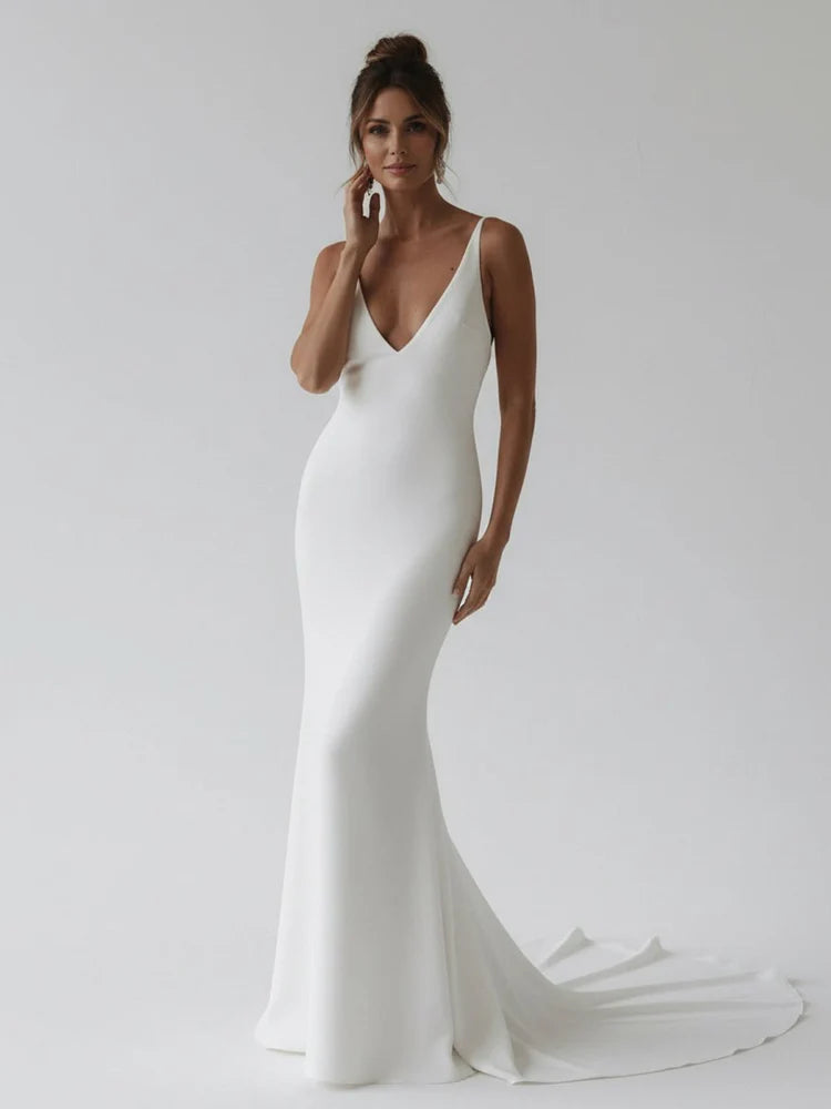 Minimalist Mermaid V-Neck Spaghetti Strap Cowl-Back Train-Length Wedding Dresses