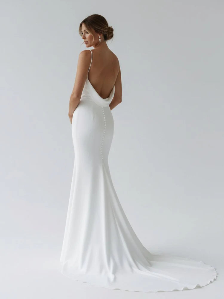 Minimalist Mermaid V-Neck Spaghetti Strap Cowl-Back Train-Length Wedding Dresses