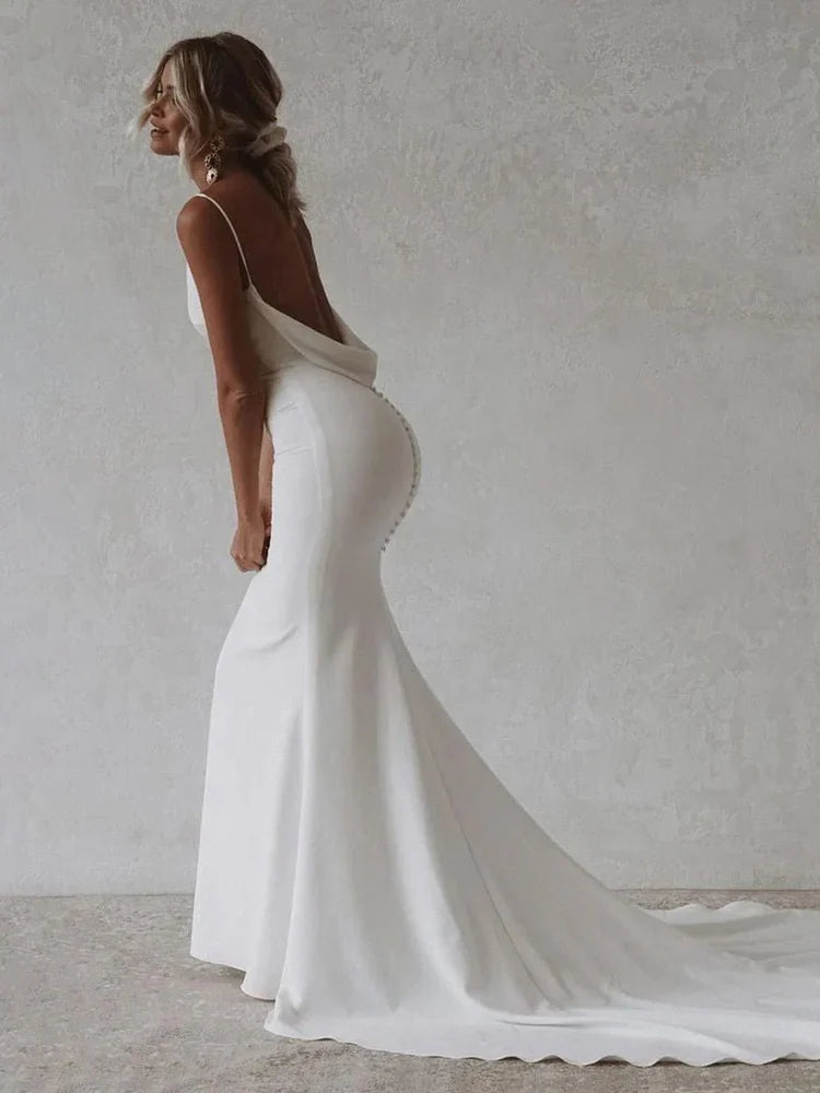 Minimalist Mermaid V-Neck Spaghetti Strap Cowl-Back Train-Length Wedding Dresses