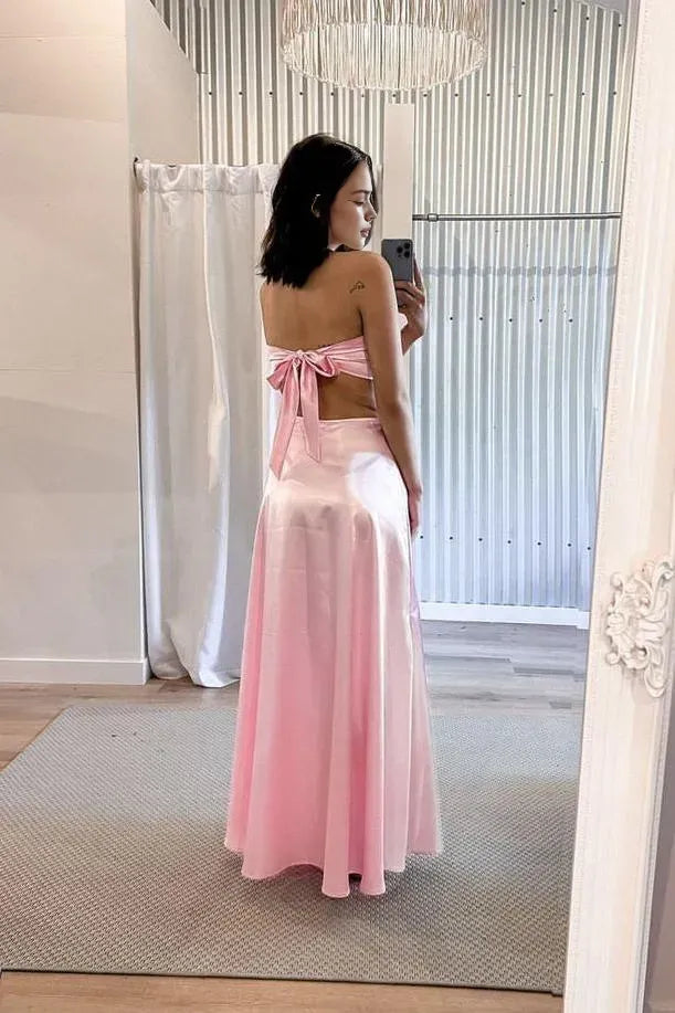 Minimalist Pink A-Line Strapless Neck Cutout Back Tie Bow-Embellished Floor-Length Prom Dresses