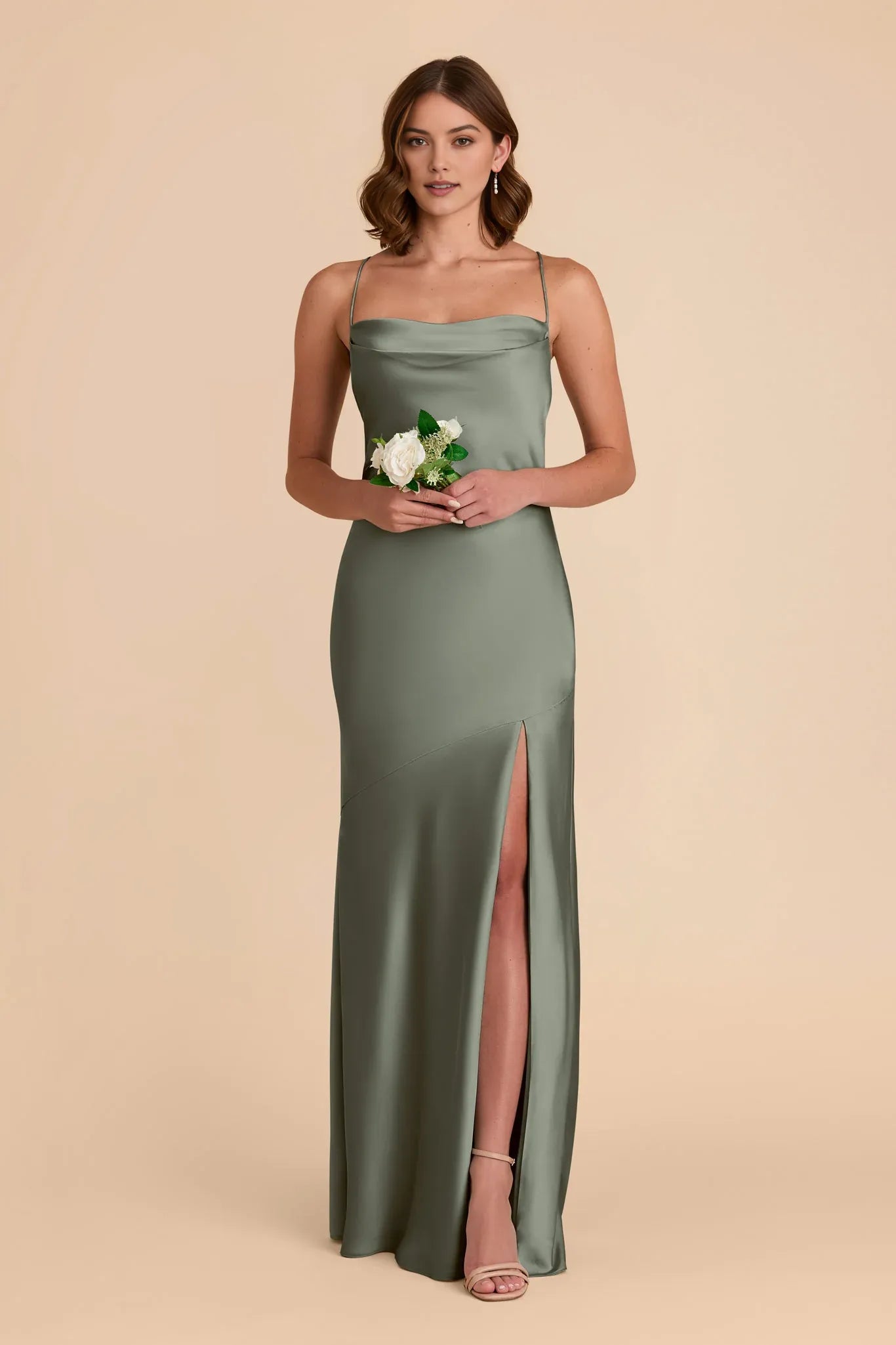 Minimalist Sheath Cowl Neck Spaghetti-Strap Criss-Cross Back Floor-Length Prom Dresses with Side Leg Slit
