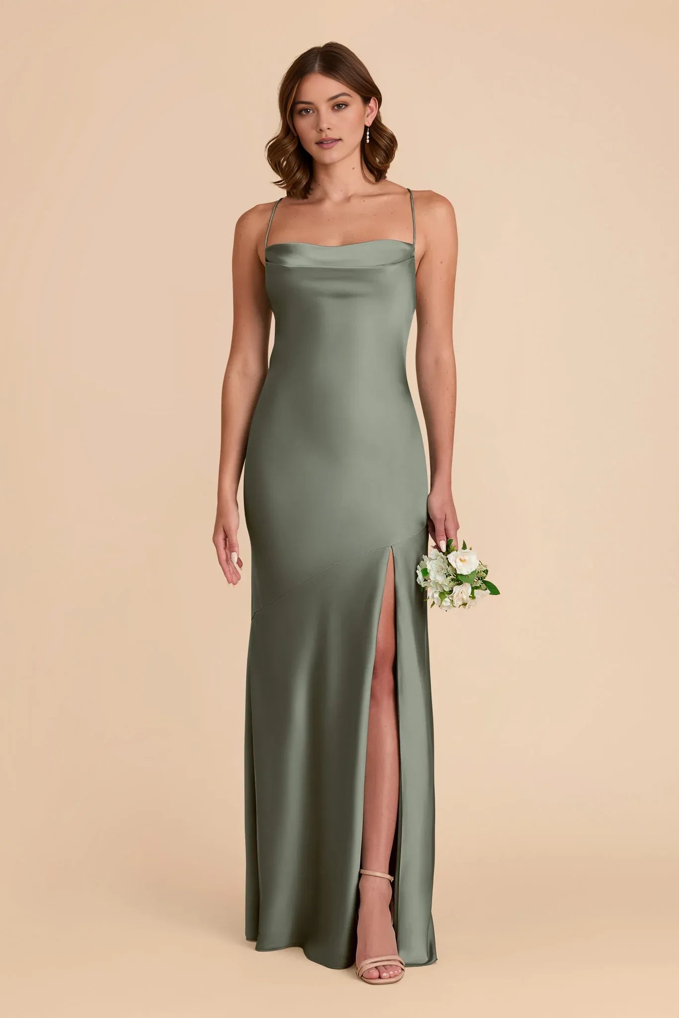 Minimalist Sheath Cowl Neck Spaghetti-Strap Criss-Cross Back Floor-Length Prom Dresses with Side Leg Slit