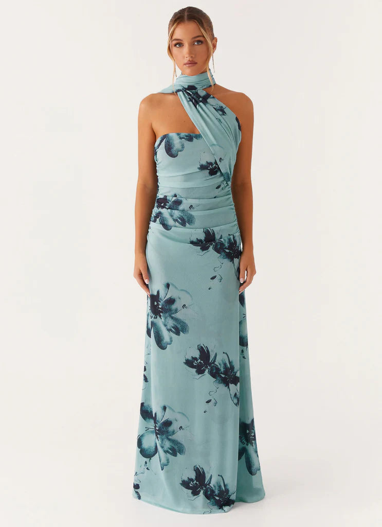 Mint Blue One Shoulder Halter Neck Floral Maxi Prom Dress For Elegant Formal Evening Events