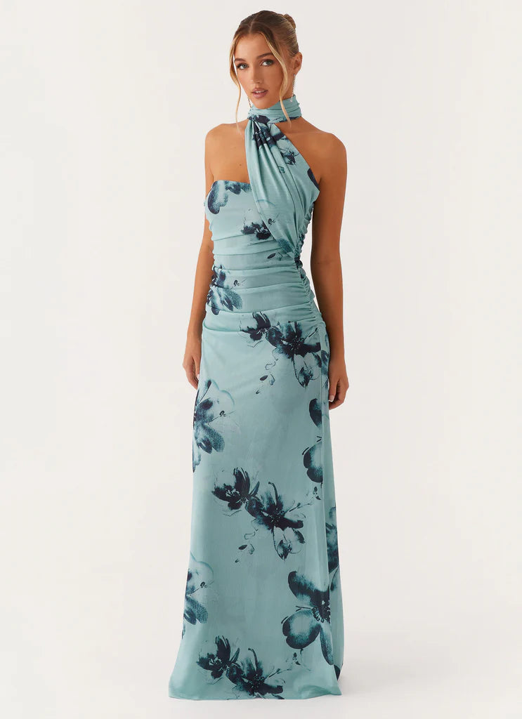 Mint Blue One Shoulder Halter Neck Floral Maxi Prom Dress For Elegant Formal Evening Events
