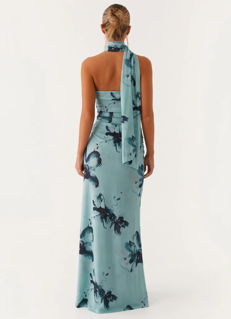 Mint Blue One Shoulder Halter Neck Floral Maxi Prom Dress For Elegant Formal Evening Events