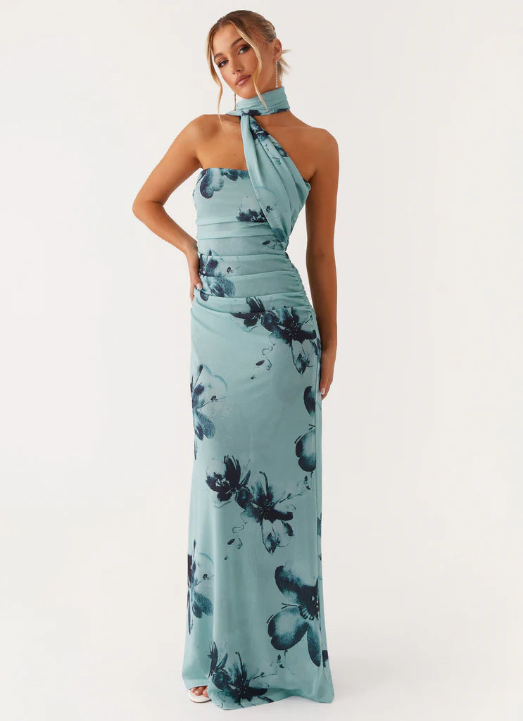 Mint Blue One Shoulder Halter Neck Floral Maxi Prom Dress For Elegant Formal Evening Events