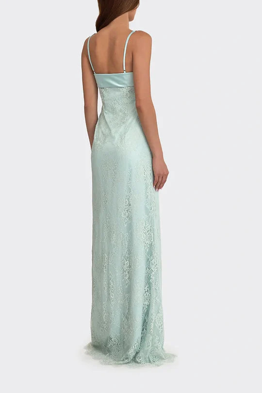 Mint Green Lace Satin Bustier Spaghetti Strap Maxi Dress For Prom
