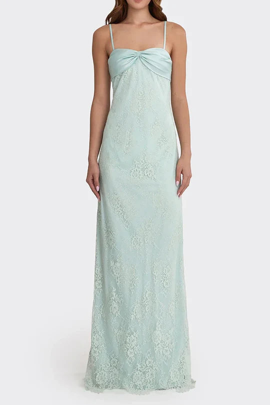 Mint Green Lace Satin Bustier Spaghetti Strap Maxi Dress For Prom