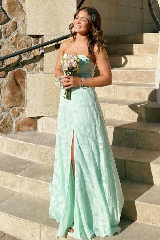 Mint Green Strapless Floral Jacquard Maxi Dress with Back Cutout & Slit