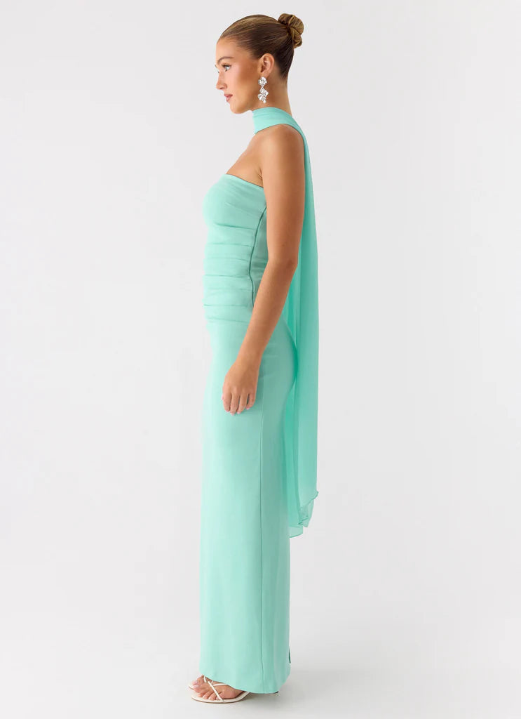 Mint Green Strapless Halter Neck Ruched Maxi Prom Dress For Elegant Formal Evening Events