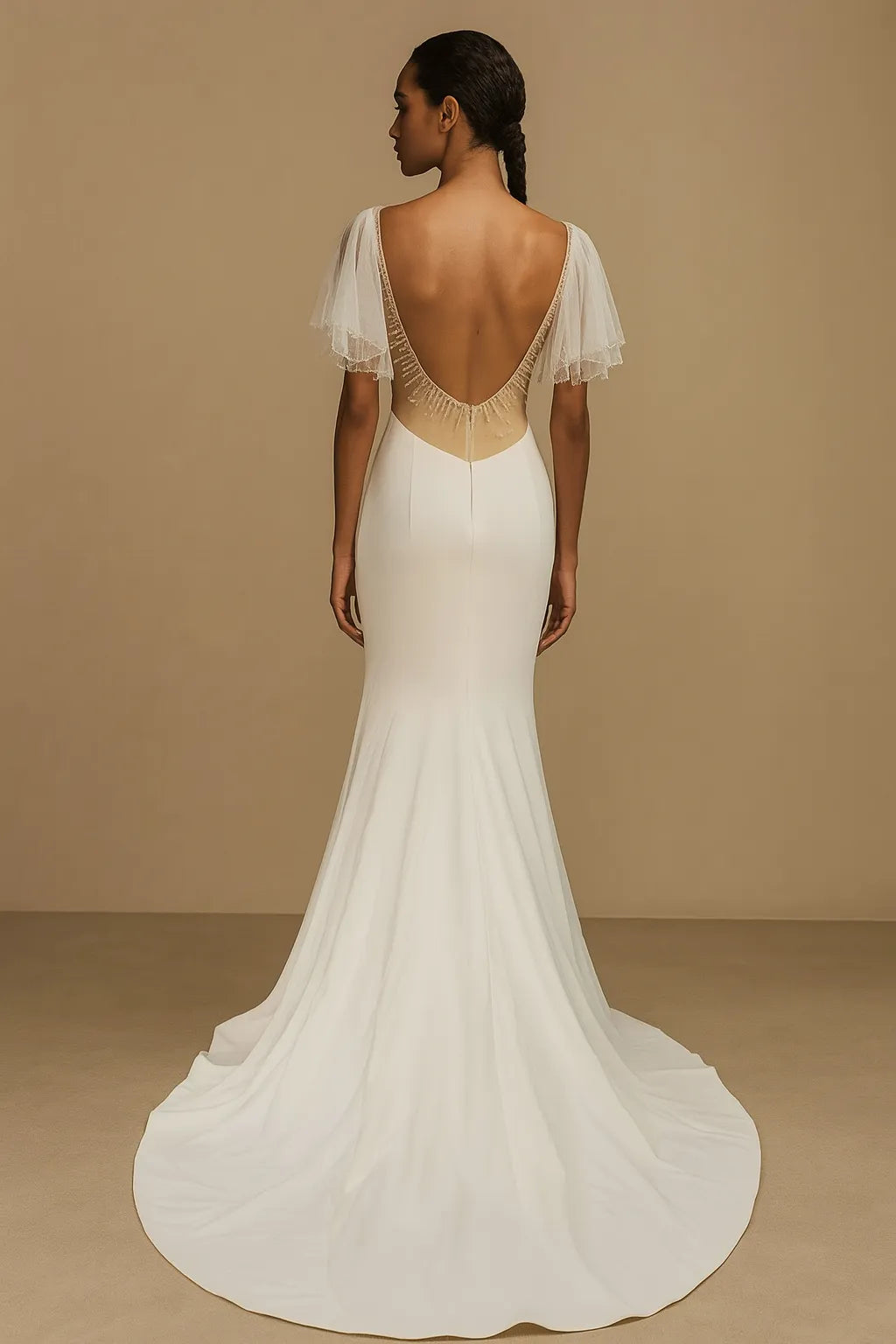 Modern Mermaid V-Neck Flutter-Sleeved Open-Back Floor-Length Wedding Dresses
