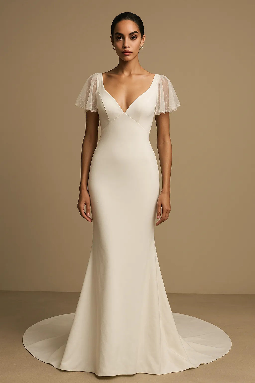 Modern Mermaid V-Neck Flutter-Sleeved Open-Back Floor-Length Wedding Dresses