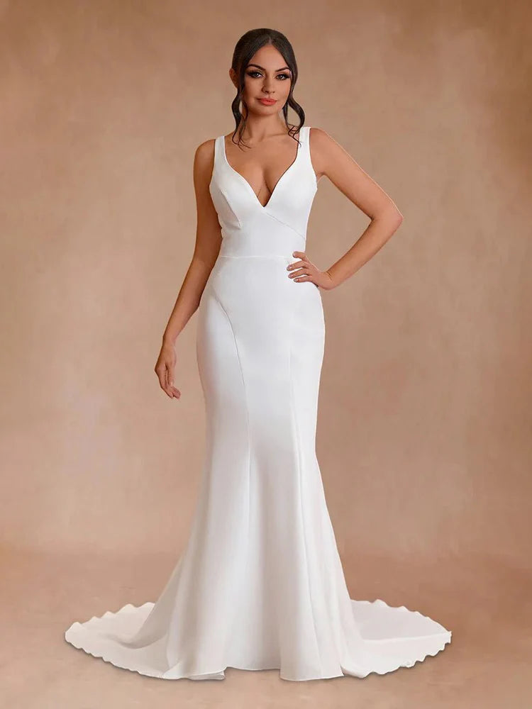 Modern Mermaid V-Neck Sleeveless Button-Back Chapel-Train Wedding Dresses