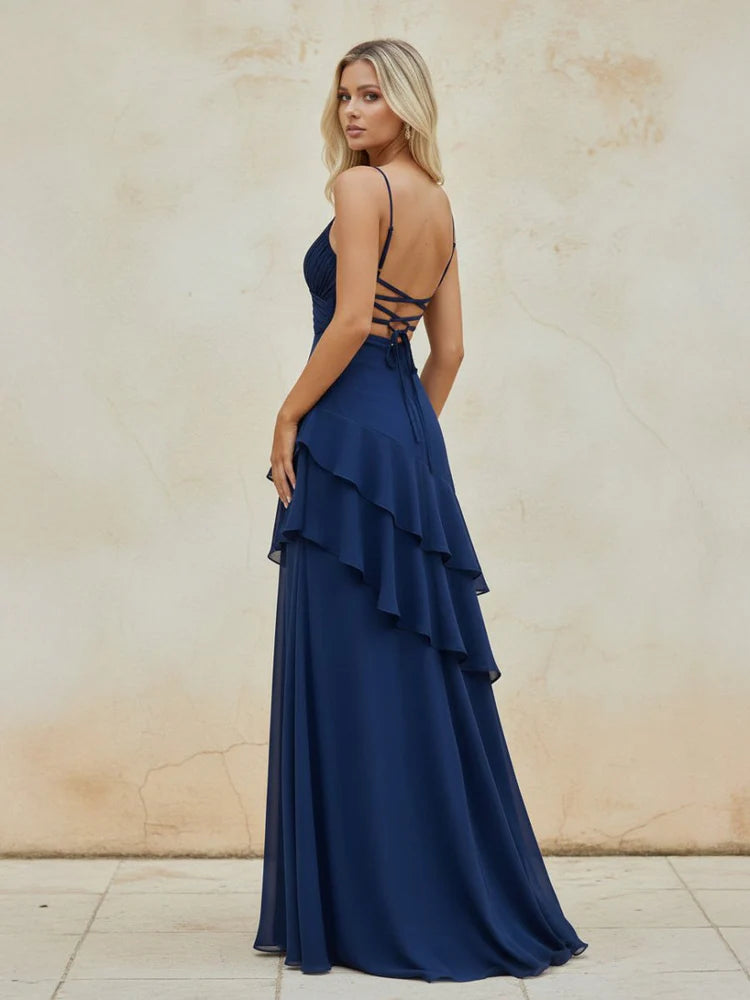Navy Blue Chiffon Spaghetti Strap Ruffled Lace-Up Back Maxi Prom Dress