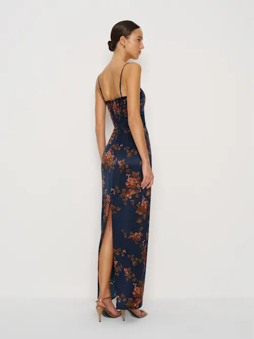 Navy Blue Floral Satin Spaghetti Strap Maxi Prom Dress