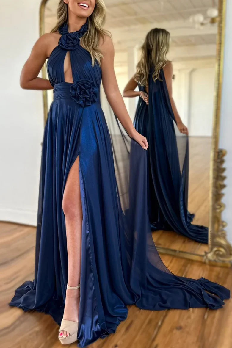Navy Blue Halter Floral Appliqué Prom Dress with Sheer Cape and High Slit