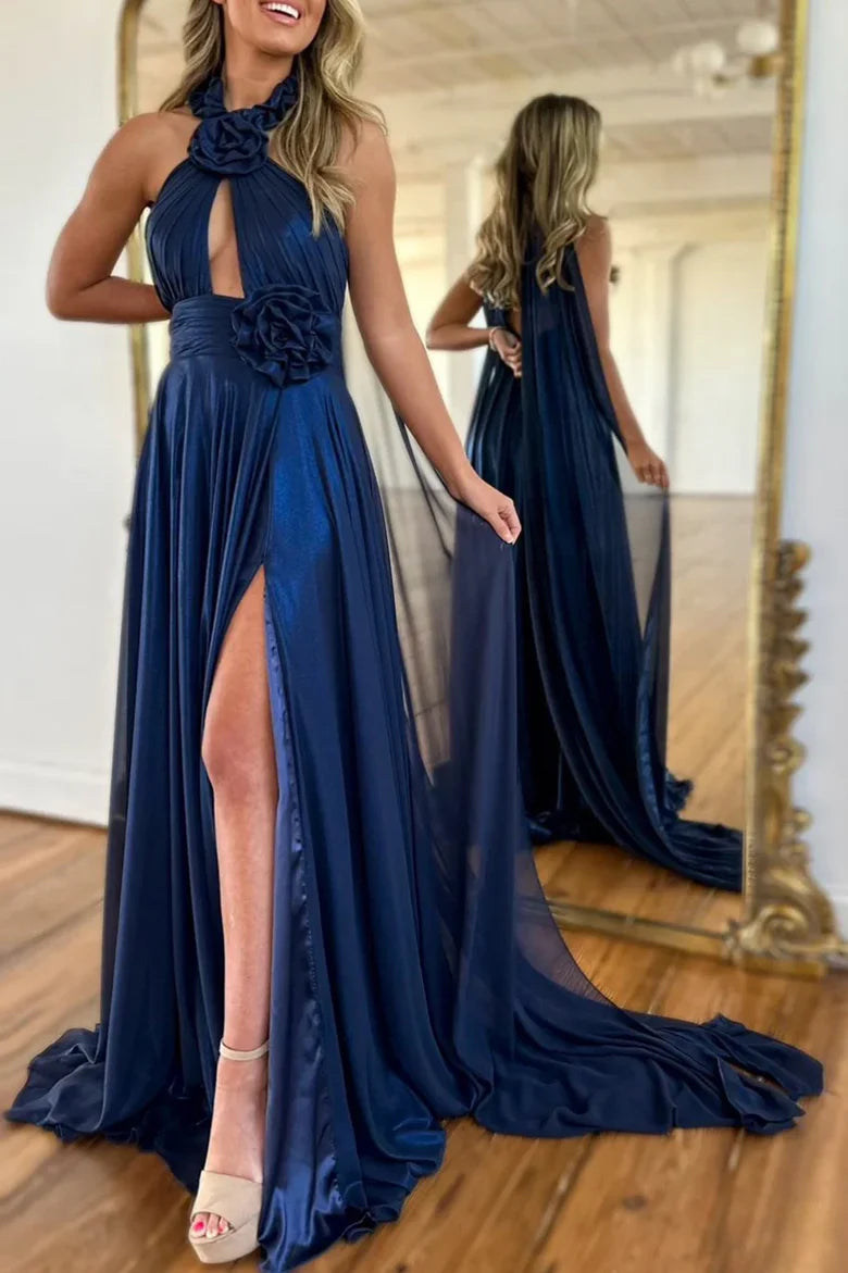 Navy Blue Halter Floral Appliqué Prom Dress with Sheer Cape and High Slit