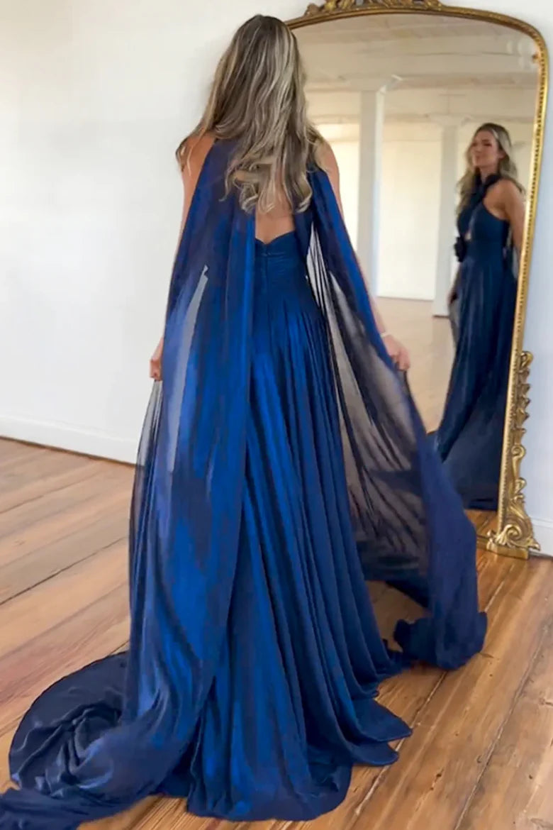 Navy Blue Halter Floral Appliqué Prom Dress with Sheer Cape and High Slit