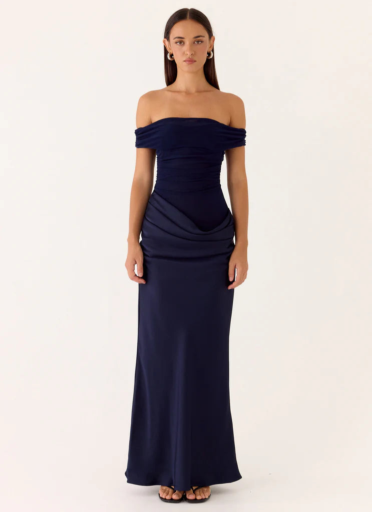 Navy Blue Off The Shoulder Ruched Mesh Satin Maxi Prom Dress for Events